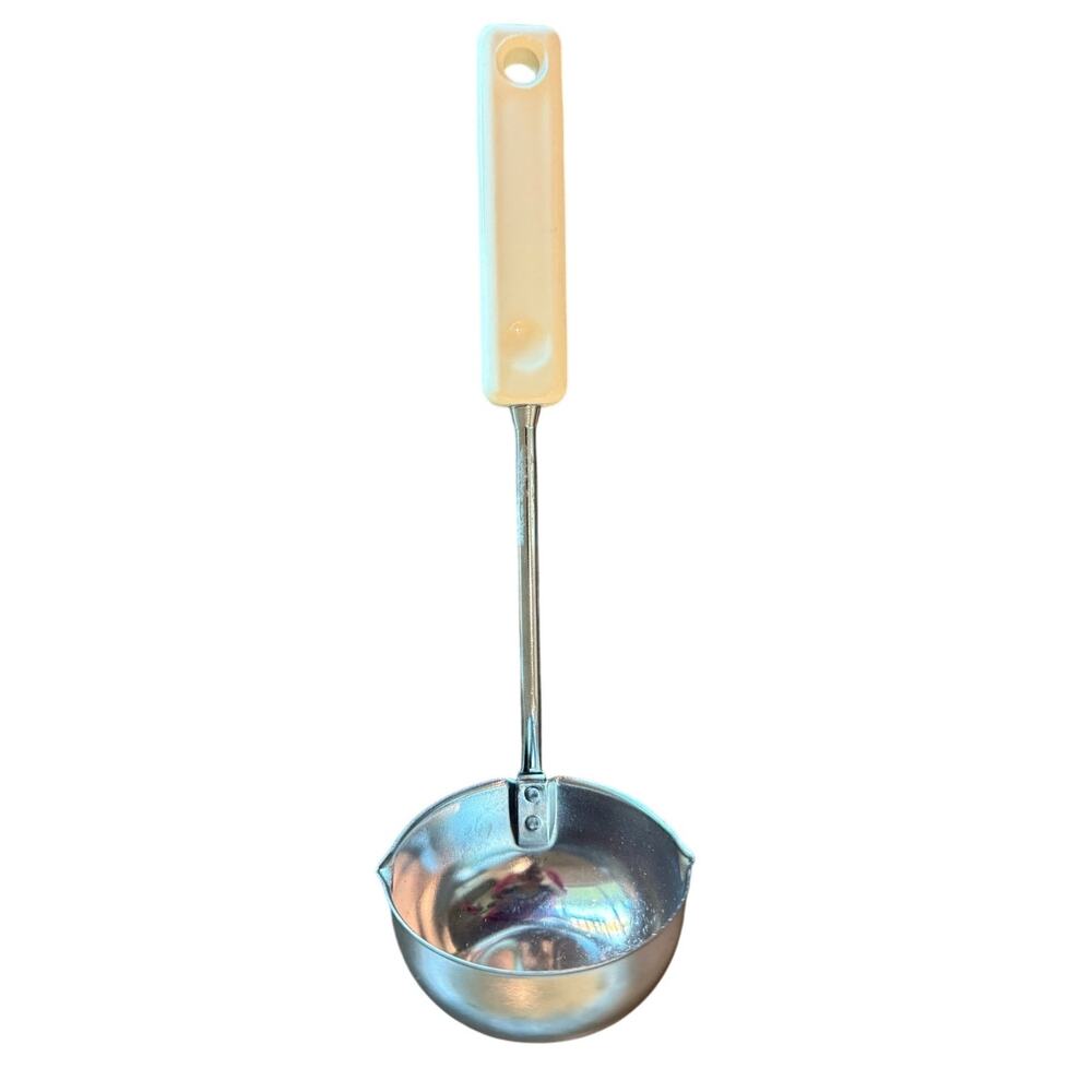 Vintage Ekco Stainless Steel Soup Ladle White Handle Double Spout 10.5"